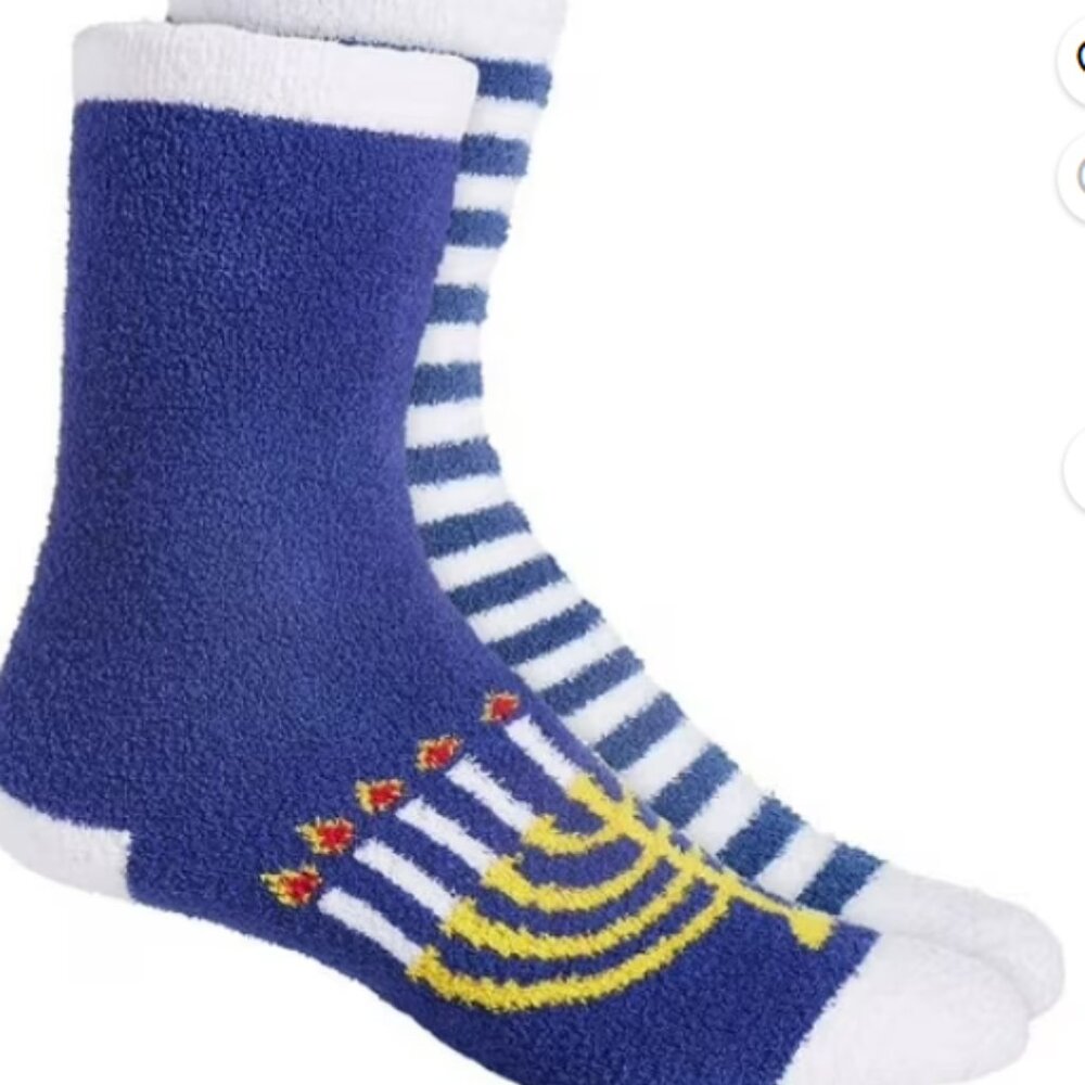 Charter Club Women's 2-Pack Fuzzy Butter Socks Hanukkah, menorah One Size NWT
